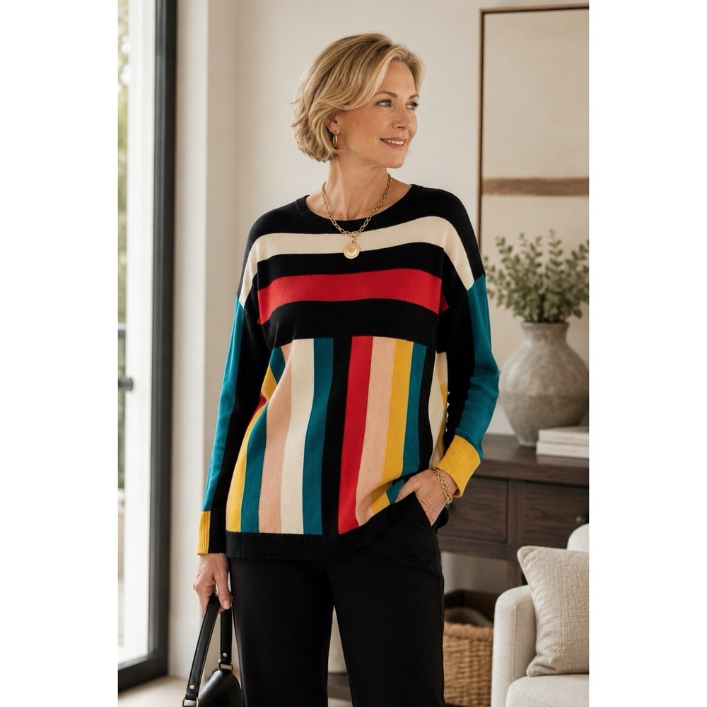 Neiman Marcus Size Large Cashmere Collection Colorblock Sweater Multicolor